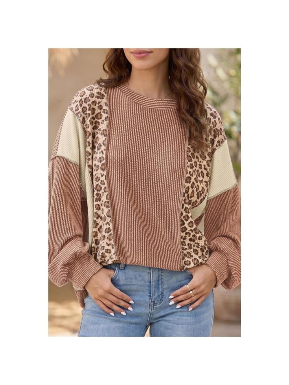 Leopard Print Colorblock Ribbed Knit Blouse